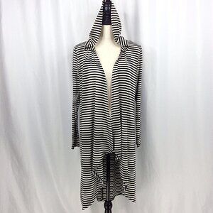 Janet Chung Hooded Duster Cardigan Sweater Womens Size Medium Striped Hi Low
